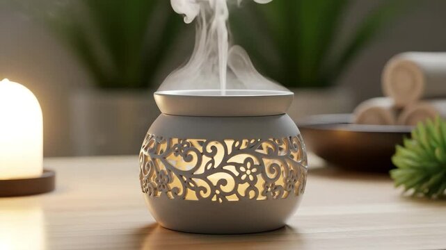 Aromatherapy diffuser emitting steam in cozy indoor setting  , Close-up of a decorative ceramic oil diffuser with subtle vapor rising,