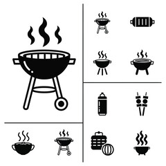 Professional barbecue grill and outdoor picnic cooking icons set in solid black style