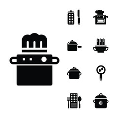 Professional kitchenware and modern home cooking appliance icons set in solid black style