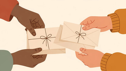 Multiethnic Hands Exchanging Letters with Twine in Flat Vector Style