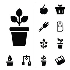 Professional gardening tools and organic plant care icons set in solid black style