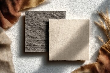 Neutral textured papers laid on a surface with soft shadows and fabric