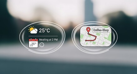 Futuristic augmented reality interface displaying weather, calendar, and navigation information on a transparent screen.