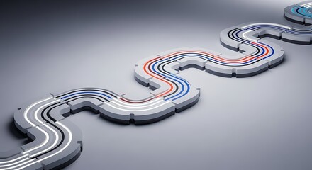 A winding, modular track with multiple colored lines representing data or energy flow on a smooth grey surface.
