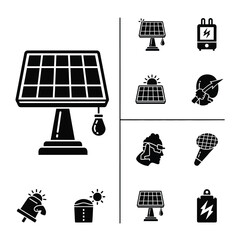 Solar panel energy and renewable power technology icons set in solid black style