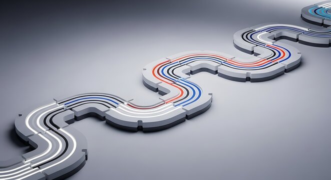 A winding, modular track with multiple colored lines representing data or energy flow on a smooth grey surface. - Powered by Adobe