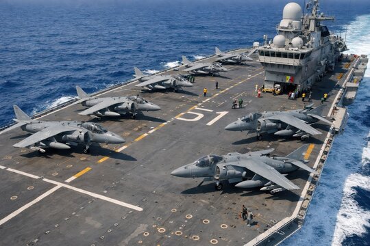 Rome, Italy &ndash; 12 March From above, a cluster of Italian Navy AV‑8B jets is seen on the flight deck of the aircraft carrier Cavour while it navigates the Tyrrhenian Sea
