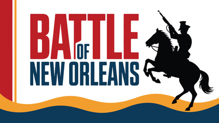 Naklejka premium Battle of New Orleans patriotic historical vector illustration with horse rider silhouette and colorful wave elements on white background