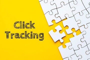 Top view white puzzle with text Click Tracking on a yellow background.