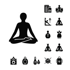 Yoga meditation and holistic wellness lifestyle icons set in solid black style