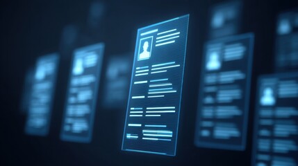 Modern Recruitment Concept with Glowing Resumes and Floating Icons in a Digital Workspace Environment