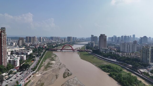 Mianyang City and Fuxi River, Sichuan Province, China Aerial View