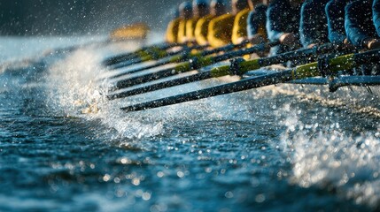 Rowers work together to move a boat through water during training at dawn on a lake