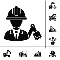 Professional industrial construction worker and heavy machinery engineering icons set in solid black style