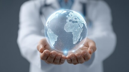 Human Hands Holding a Glowing Digital Globe Symbolizing Data and Technology in a Medical or Scientific Environment