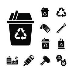 Professional waste recycling bin and modern environmental sustainability icons set in solid black style