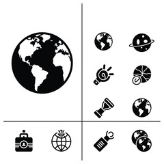Professional planet earth globe and modern planetary geography science icons set in solid black style