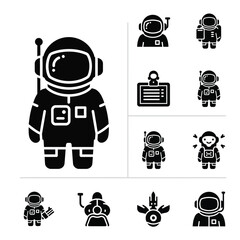 Professional astronaut and modern space exploration mission icons set in solid black style