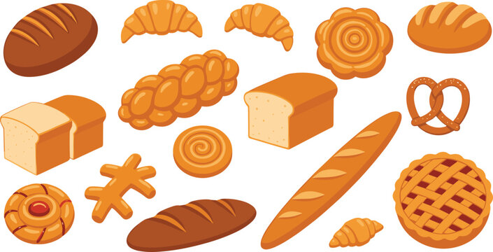 Bakery and bread collection featuring sourdough baguette croissant pretzel and sweet pastry icons for bakery shop cafe menu and culinary vector design.