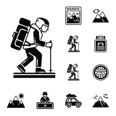 Professional mountain hiking and outdoor adventure travel icons set in solid black style
