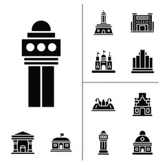 Professional architectural landmark and modern municipal government building icons set in solid black style