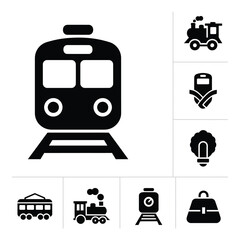 Professional railway transportation and modern train logistics icons set in solid black style
