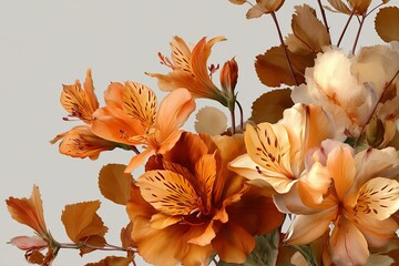 Rustic and chic watercolor Fall season brown and orange flowers in full bloom in transparent background 