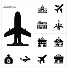 Airport travel and aviation infrastructure icons set in solid black style