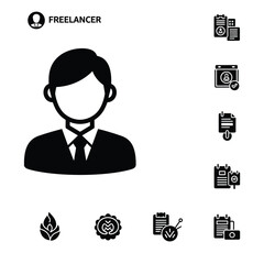 Freelancer and independent professional career management icons set in solid black style