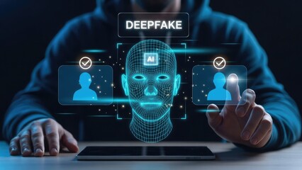 Man interacting with deepfake AI interface on tablet