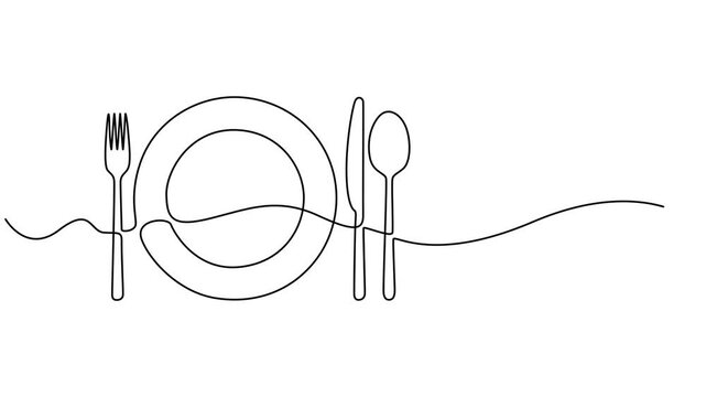 Self drawing line animation plate, spoon, knife and fork continuous one single line drawn concept video, Full length single line animation, cutlery. Continuous contour movement of a cutlery, contour.