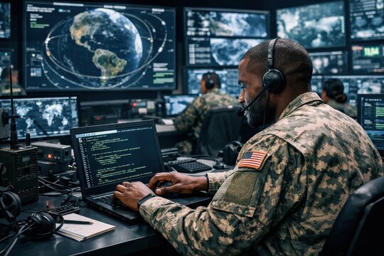 In a military command center, a soldier sits at a desk, typing code and tech for the army's communication office, while security and global surveillance are monitored by a black man working on a