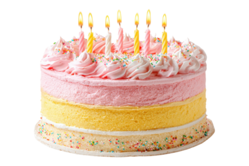 Round layered birthday cake with pink and yellow frosting on transparent background