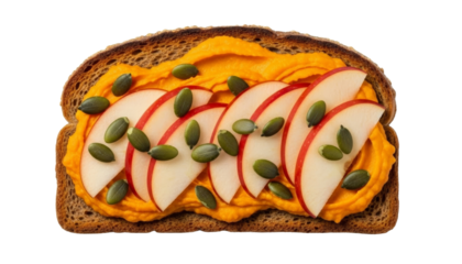 Rye toast with sweet potato puree, apple slices, and pumpkin seeds isolated on transparent background