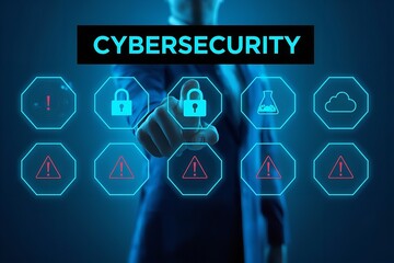 A person in a suit interacts with a futuristic cybersecurity interface with warning symbols and padlocks