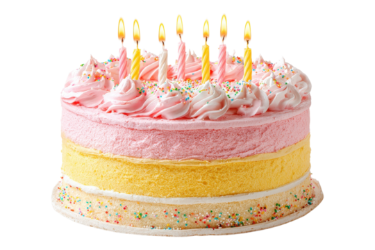 Round layered birthday cake with pink and yellow frosting on transparent background - Powered by Adobe