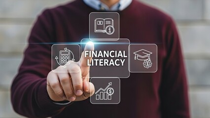 Person engaging with financial literacy icons on digital interface