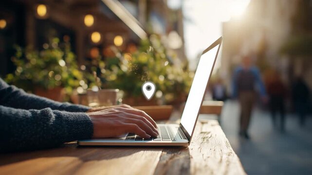 男性が屋外で位置情報から店舗検索を操作する