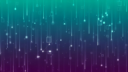 A vibrant digital background with glowing lines and squares in purple and green hues
