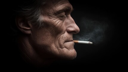 Fototapeta premium A Thoughtful Portrait of a Mature Man Reflecting on Smoking Cessation and Regret in a Dark, Atmospheric Setting