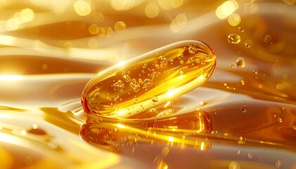Fish Oil Capsule on Golden Liquid Surface.