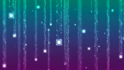 A vibrant digital illustration of glowing lines and squares in a gradient background
