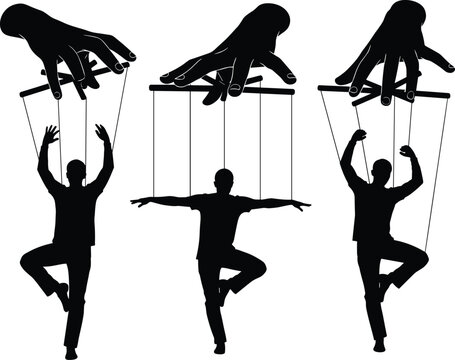 Marionette puppet silhouettes set with hands controlling dancing men isolated on white background, manipulation power control concept black vector illustration collection
