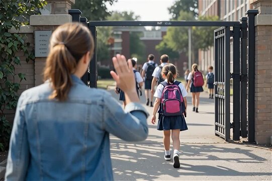 mother waving goodbye to her daughter in front of school gate, emotional parent farewell scene