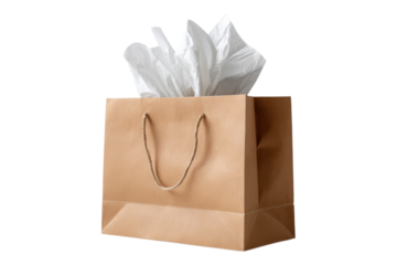 Paper Shopping Bag With Tissue Paper Peeking Out On Transparent Background