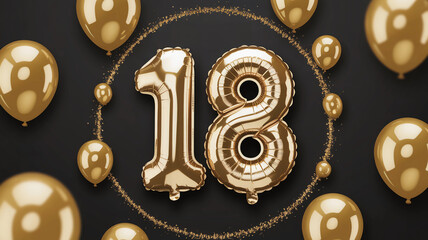 Luxurious 18th Birthday Celebration Background: Stunning Golden Foil Balloons and Glitter  for Invitations and Banners.