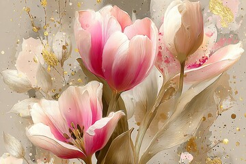 Elegant, chic, vintage seamless repeatable pattern featuring tulips, pink and gold style, delicate details of flowers and leaves, close-up of pink tulips, beige tulips and leaves on dark background