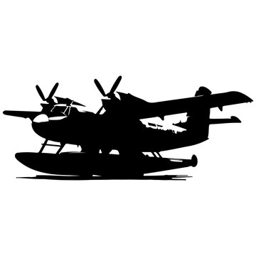 Silhouette of a twin-engine seaplane with propellers on white background airplane