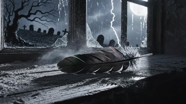 A solitary feather rests on a windowsill, framed by a stormy night and a graveyard view.