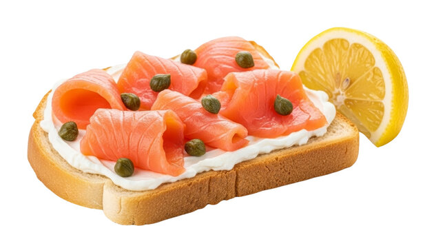 Toast with cream cheese, salmon slices, capers, and a lemon wedge isolated on transparent background